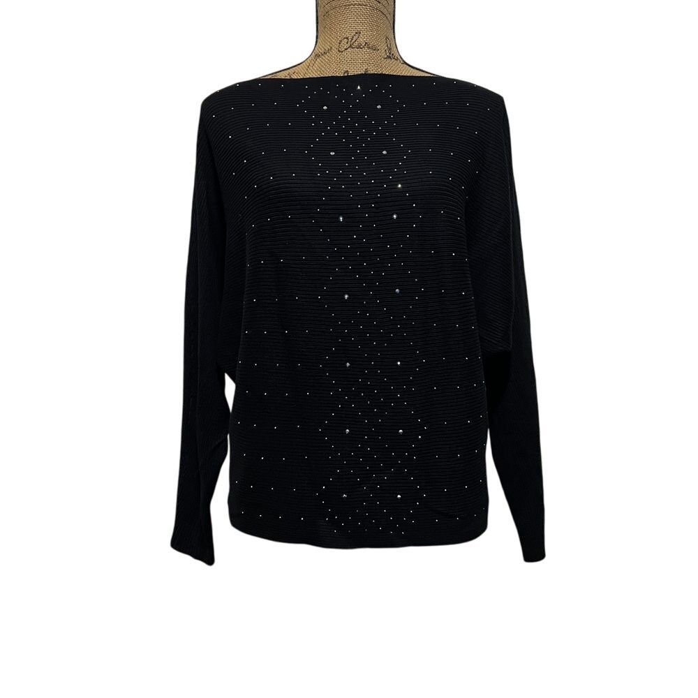 Questions? Black Rhinestone Embellished Ribbed Sweater Party Cocktail Top Sz L‎